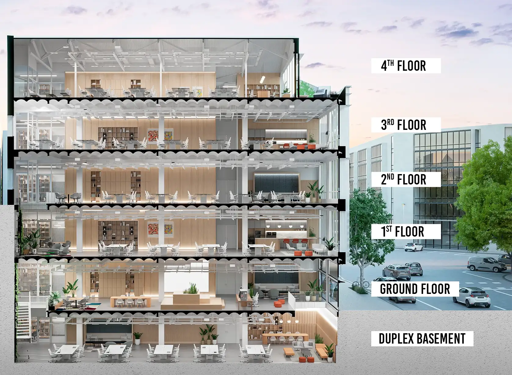 Offices availability in Barcelona render seccion | COR Building Innovation Factory - Green Building